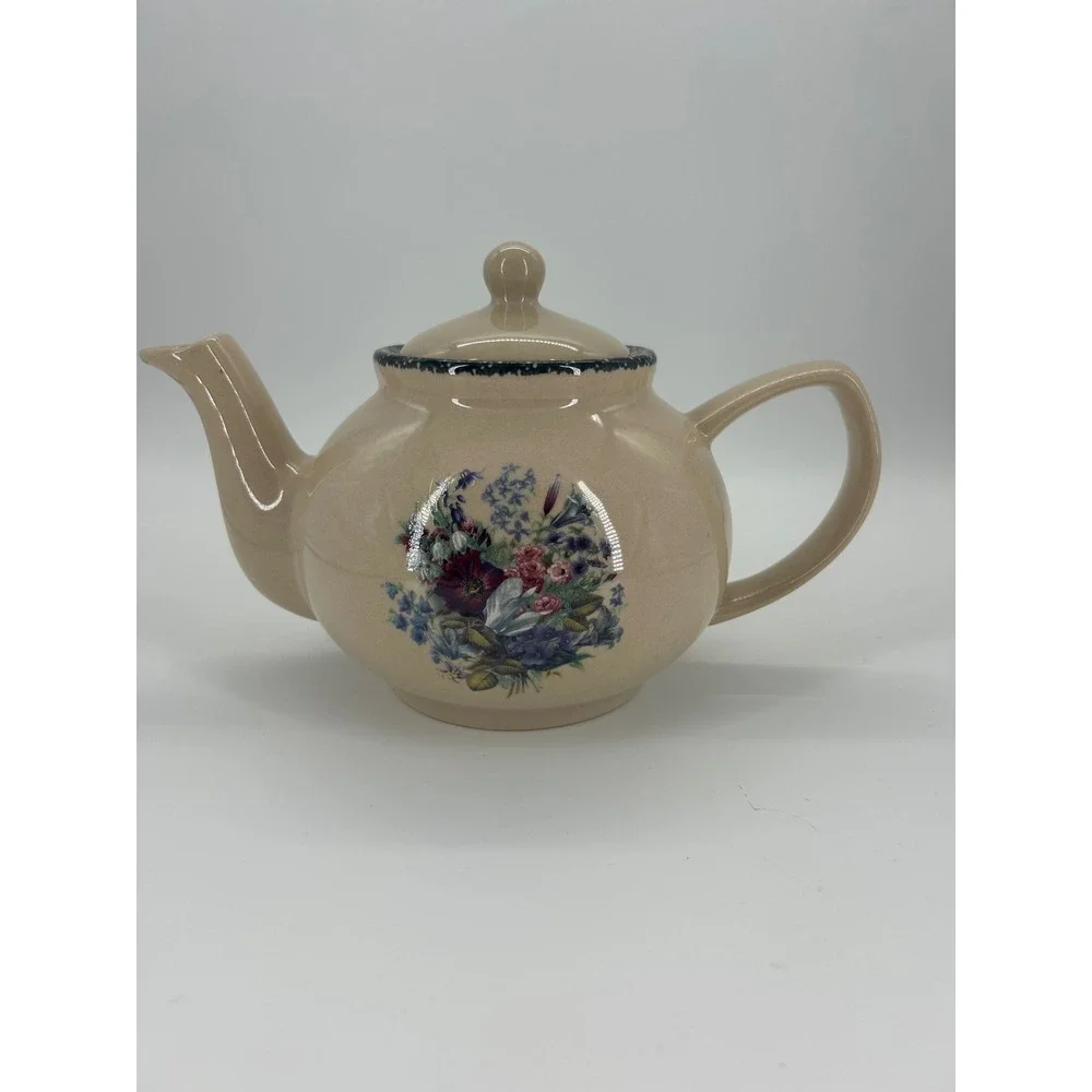 Home & Garden Party Ltd 2002 Floral Teapot Beige Stoneware Cottagecore